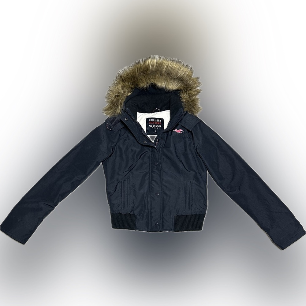 Navy Blue Hollister All-Weather Bomber Jacket w/Faux Fur Hood